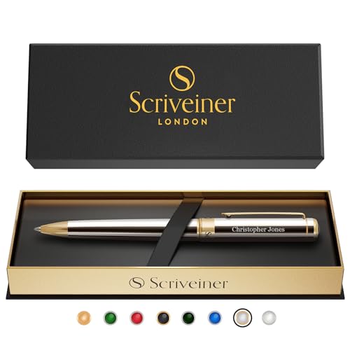 Scriveiner Silber Chrom Personalisierter Stift - Atemberaubende Luxus Gold Finish, Schmidt Tintenmine, Beste Gravierte Kugelschreiber Geschenk-Set, Individuelle Namensgravur Scriveiner Silber Chrom Personalisierter Stift - Atemberaubende Luxus Gold Finish, Schmidt Tintenmine, Beste Gravierte Kugelschreiber Geschenk-Set, Individuelle Namensgravur von Scriveiner