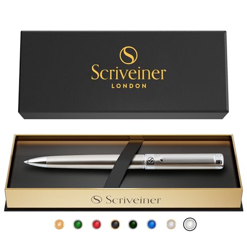 Scriveiner Tintenroller Edelstahl - Atemberaubender Luxuskugelschreiber mit Edelstahl-Finish, Schmidt Black Mine, Bestes Kugelschreiber-Geschenkset für Männer & Frauen, Beruf, Führungskraft, Büro von Scriveiner