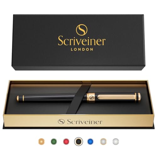 Scriveiner Tintenroller Hochwertiger Tintenroller mit Echtvergoldung, schwarze Schmidt Ersatzmine, Geschenkbox, Büro set, Schöne Professionelle Kugelschreiber (Schwarz) Luxury Pen von Scriveiner