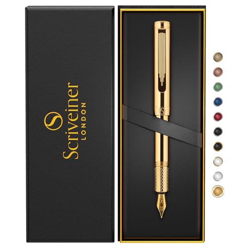 Scriveiner vergoldeter Füllfederhalter (fein), preisgekrönter Luxus-Stift, schwerer Taschenstift mit 24-Karat-Gold-Finish, Schmidt-Feder, bestes EDC-Schreibstift-Geschenkset für Männer und Frauen von Scriveiner