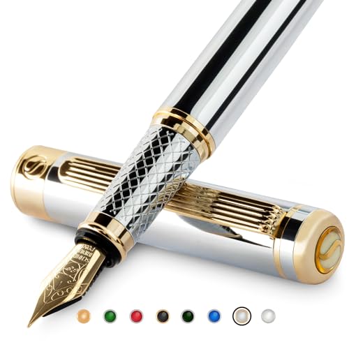 Scriveiner Silber Füllfederhalter Füller Edel mit 24 Karat Gold-Finish, Schmidt 18 Karat vergoldete Feder (Extrafein), Bestes Geschenk für Herren und Damen, Manager, Führungskräfte (Silber Chrom) von Scriveiner