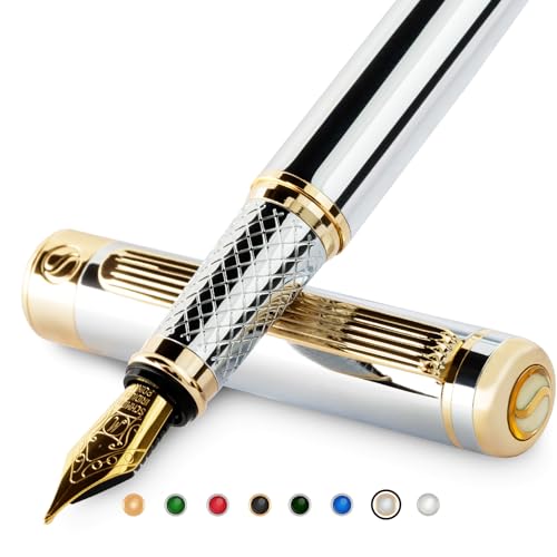 Scriveiner Füllfederhalter Chrom Silber - Toller Stift mit 24 Karat Gold Finish, Schmidt-Feder 18 Karat (mittel), ideal für Damen und Herren, Profi, Direktor, Büro, Schöner Kugelschreiber von Scriveiner