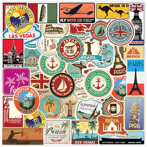 Sdhgerh 100 PCS Welt Reise Sticker Set Globale Berühmte Land Stadt Symbole Sehenswürdigkeiten Wasserfeste Aufkleber Reise Scrapbook Stickers für Laptop Koffer Fahrrad Motorrad Skateboard Auto von Sdhgerh