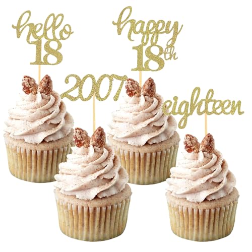Sdhgerh 24 Stück 18. Geburtstag Cupcake Topper Glitzer Tortendeko 18 von 2007 Deko 18. Geburtstag Mädchen Junge für 18th Geburtstagsdeko Party Kuchendekoration Muffin Torten Deko Gold von Sdhgerh
