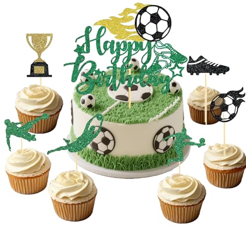 Sdhgerh 25 Stück Fussball Tortendeko Fußball Torten Deko Glitzer Fussball Kuchen Deko Geburtstag Kinder Fussball Happy Birthday Cupcake Topper für Geburtstag Party Muffin Torten Deko von Sdhgerh