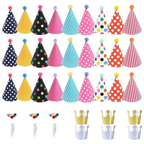 Sdhgerh 33 Stück Mini Partyhüte Geburtstag Party DIY Bunte Partyhut mit Pompoms und Geburtstag Krone Set Geburtstagshüte Papierhüte für Kuscheltiere Jungen und Mädchen Erwachsene Geburtstag Party Deko von Sdhgerh