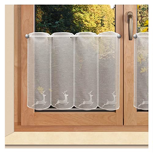 Landhaus Scheibengardine Heinrich Hirsch - bestickter Scheibenhänger in Natur | Rustikale Kurzgardine Tiermotiv | Halbtransparente Bistrogardine leicht strukturiert beige | Höhe x Breite 45 x 48 cm von SeGaTeX home fashion