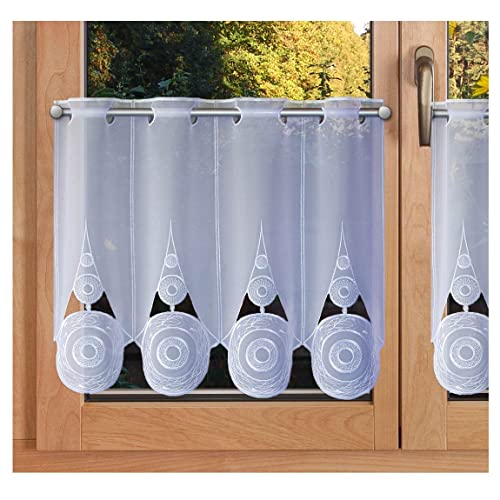Moderne Scheibengardine Circle in weiß echte Vogtländische Spitze | Bestickter Scheibenhänger mit Kreisen | Zeitloses Panneau mit geometrischem Muster | Kurzgardine Höhe x Breite 45 x 64 cm von SeGaTeX home fashion