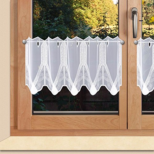 Moderne Scheibengardine Elegance aus Vogtländischer Spitze in weiß - Exklusiver Scheibenhänger mit filigraner Ornament-Stickerei | Halbtransparente geometrische Kurzgardine Höhe x Breite 35 x 64 cm von SeGaTeX home fashion