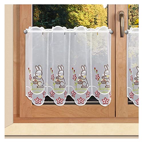 Scheibengardine Osterhase mit Körbchen aus Vogtländischer Spitze | Moderner Frühlings-Scheibenhänger mit Häschen in der Blumenwiese | Farbenfrohe Kurzgardine Kaninchen Höhe x Breite 40 x 48 cm von SeGaTeX home fashion