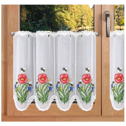 Scheibengardine Sommerwiese mit Biene Vogtländische Spitze - Sommerlicher Landhaus-Scheibenhänger Blumen | Bestickte Kurzgardine mit roter Mohnblüte und blauen Kornblumen Höhe x Breite 45 x 160 cm von SeGaTeX home fashion