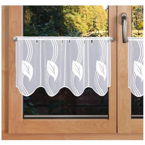 Scheibengardine Weißes Blatt mit Ornamenten aus Echter Vogtländischer Stickerei | Moderner Scheibenhänger im zeitlosen Design | Edle Spitzen-Kurzgardine dezent Bestickt Höhe x Breite 30 x 128 cm von SeGaTeX home fashion