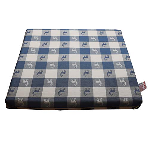 Sitzkissen Karo mit Hirsch Blau | 1 Stück Stuhlkissen komplett mit Schaumstoff-Füllung 35 x 38 x 3,5 cm | passend zur Landhaus-Serie - langlebig, blau-weiß kariert aus Webstoff mit kleinen Hirschen von SeGaTeX home fashion