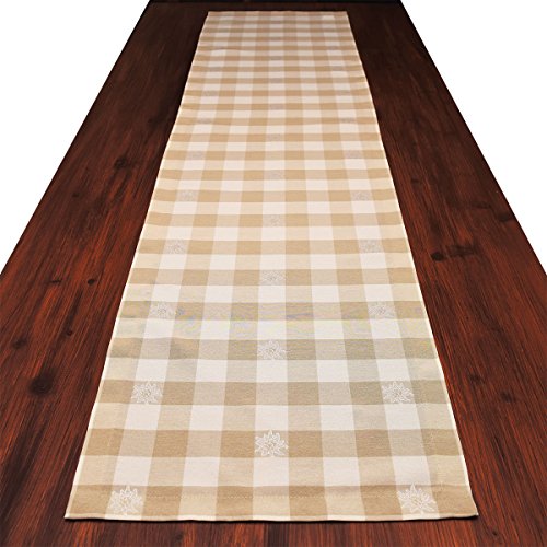 Tischläufer Landhaus-Tischdecke Karo in Beige 40 x 160 cm | beige-weiß Karierter Webstoff langlebig Edelweiß-Motiv | rustikal-gemütlicher Landhaus-Stil für Küche, Esszimmer, Gästezimmer von SeGaTeX home fashion