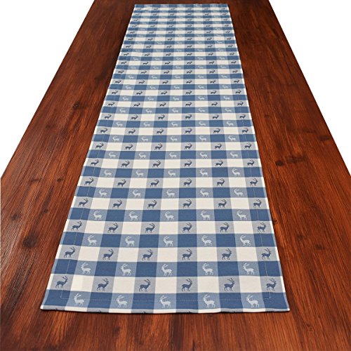 Tischläufer Landhaus-Tischdecke Karo mit Hirsch in Blau 40 x 160 cm rechteckig | blau-weiß Karierter Webstoff langlebig | rustikaler Landhaus-Stil | Tischdeko für Küche, Esszimmer, Gästezimmer von SeGaTeX home fashion