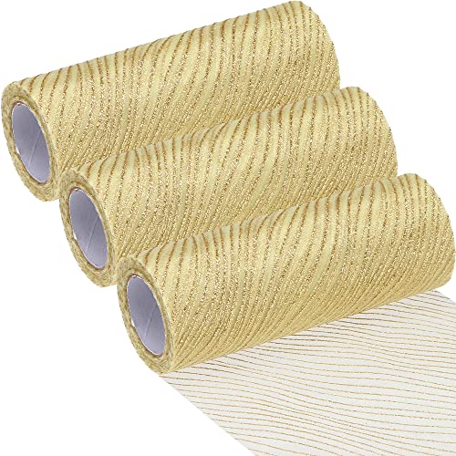 Sea Team 15,2 cm breites, durchscheinendes Glitzergarnband, dekoratives Netzband für Weihnachtsbäume, Kränze, Girlanden, Kunsthandwerk, saisonale Dekorationen (3 Stück, 9,1 m/Packung, Gold) von Sea Team
