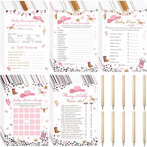 145 Stück Babyparty-Spiele für Jungen oder Mädchen, 5 Spielaktivitäten, Karte mit 20 Bleistiften, inklusive Babyparty-Bingo, Guess Who, Beschreibung und Well Wishes, Word Scramble (Cowgirl-Stil) von Seajan