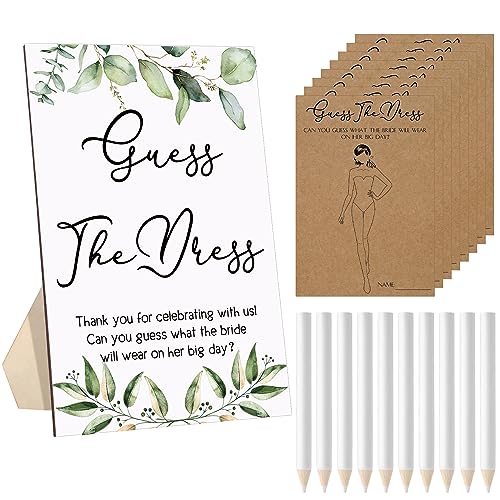 Seajan Guess The Dress Bridal Shower Game Wooden Game Sign Fun Bridal Shower Games Table Sign 50 Small Guessing Cards 50 Pencils for Guests Wedding Games Bachelorette Party Supplies (Green Leaves) von Seajan