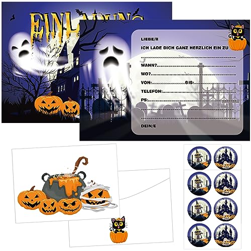12 Halloween Einladungskarten, Halloween Party Einladungen, Halloween Partyzubehör, Halloween-Grußkarten mit Umschlägen und Halloween-Aufklebern, Einladung für Grusel-Party Kindergeburtstag (B) von Seasboes