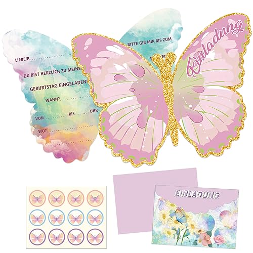 12 Stück Deutsch Schmetterling Einladungskarten, Party Invitation Cards, Schmetterling Party Einladung Karte, Geburtstagseinladungen, Einladungskarten Kindergeburtstag Mädchen, Partyeinladungen von Seasboes