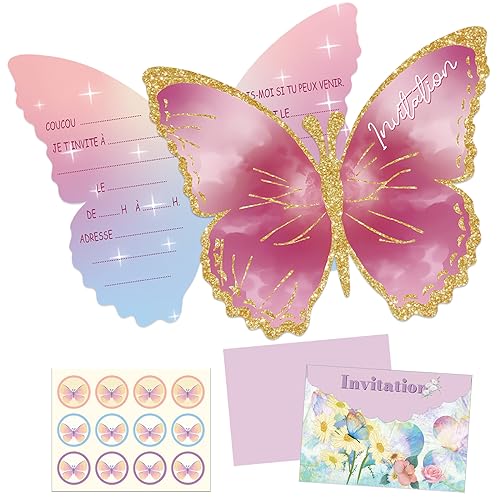 12 Stück Französisch Schmetterling Einladungskarten, Party Invitation Cards, Schmetterling Party Einladung Karte, Geburtstagseinladungen, Einladungskarten Kindergeburtstag Mädchen, Partyeinladungen von Seasboes