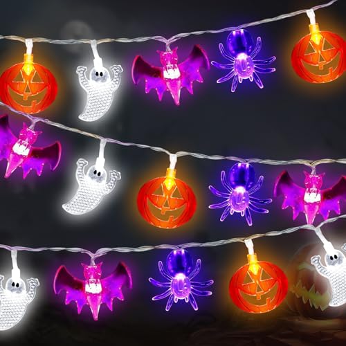 7m Lichterkette Halloween, 40 LEDs Lichterkette, Lichterkette mit Timer, Halloween Deko Outdoor, Halloween Deko Garten, Halloween Lichterkette, Lichterkette Kürbis Fledermaus Geist Spinnen Deko von Seasboes