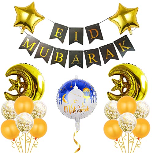 Seasboes 17 Stück Luftballons für Ramadan, Mubarak Ballon-Deko-Set, Eid Mubarak Banner Dekoration Gold, Eid Mubarak Ramadan FeierRamadan Party Dekoration Zubehör von Seasboes