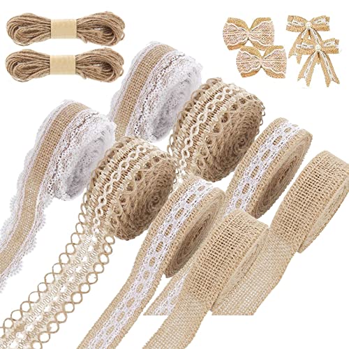 Seasboes 8 Rollen Vintage Juteband, Spitzenband, Natürliche Jute Bänder und Spitze, Leinwand Band für DIY Handwerk Deko Hochzeit Party Wohnkultur mit 20m Hanfseil (1 Meter pro Rolle, 4 Stile) von Seasboes