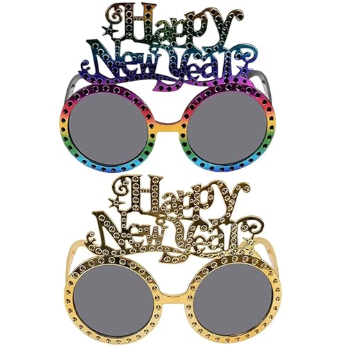 2 Stück Neujahr Sonnenbrille, Glitzer Party Brille, Happy New Year Brillen, Lustige Spaßbrille Neujahr Eyewear, Photo Booth Brille für Kostümparty Foto-Requisiten Silvester Party Supplies von Seasboes