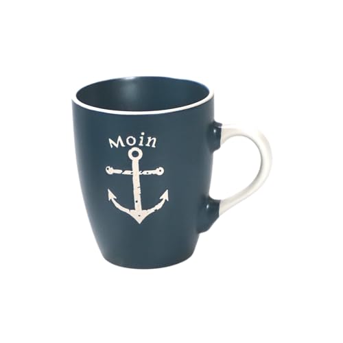 Seaside No.64 - maritimes Steingutgeschirr - Motive Anker, Steuerrad & Papierboot - Steinzeugkeramik weiß & blau - Geschirrset Küchenzubehör - Geschenkartikel (blau, Tasse, Anker) von Seaside No.64