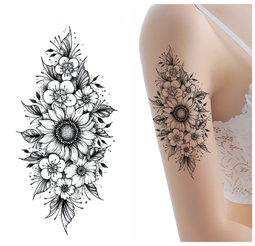 Sonnenblume Blumen Handzeichnung Körper Tattoos Schwarz Skizze Blume Rose Schmetterling Taille Arm Temporäre Ffseries Sonnenblume Blumen Handzeichnung Körper Tattoos Schwarz Skizze Blume Rose Schmetterling Taille Arm Temporäre Ffseries von SeasonSticker