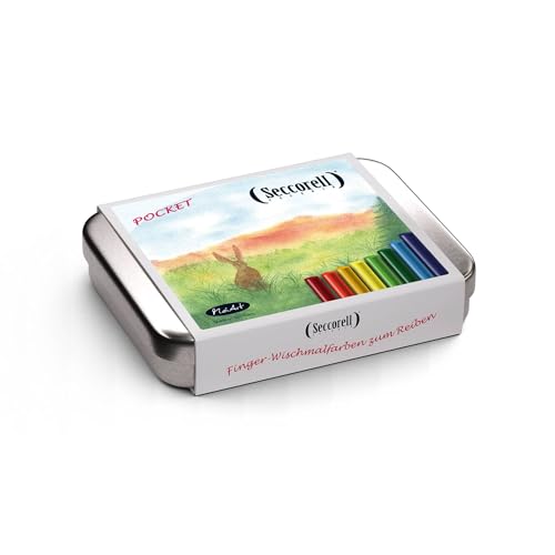 Seccorell - Pocket Hase - 8 Farbstäbchen, Reibeblock, Reinigungsbürste (Naturborsten), Radierstäbchen. Finger-Wischmalfarben, aquarellartig ohne Wasser oder Fixativ von Seccorell