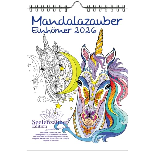 DIY Mandalazauber Einhörner Ausmalkalender DIN A5 Kalender für 2026 Mandala Zeichnen Malen - Set: 1x Kalender, 1x Weihnachtsanhänger (2 Teile) von Seelenzauber