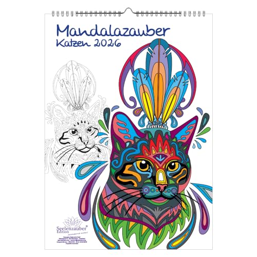 DIY Mandalazauber Katzen Ausmalkalender DIN A3 Kalender für 2026 Mandala Zeichnen Malen - Set: 1x Kalender, 1x Weihnachtsanhänger (insgesamt 2 Teile) von Seelenzauber