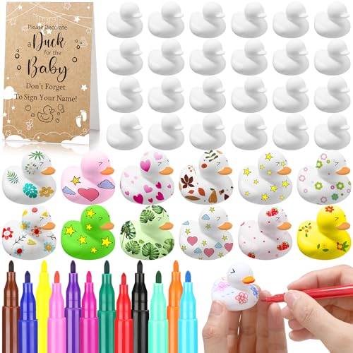 Seenelling 45-teiliges Babyparty-Spiel-Set enthält Babyparty-Spielschild, 32 leere Gummienten, 12 Farbmarker, weiße Blanko-Gummienten-Preis für Babyparty, Geschlechts-Revel-Spiel (Kraft) von Seenelling