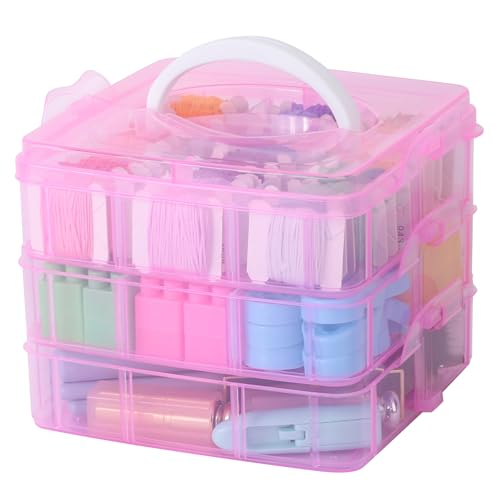 Segbeauty Sortierboxen für Kleinteile, 15*15*13cm Aufbewahrungsbehälter mit Deckel, 3 Schichten Bügelperlen Aufbewahrungsbox mit Tragegriff, Schraubenbox Einstellbar, Diamond Painting Koffer (Rosa) von Segbeauty