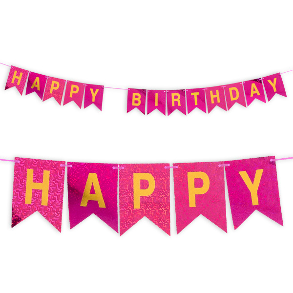 Happy Birthday-Wimpelkette in pink, holografisch glitzernd von Segelken