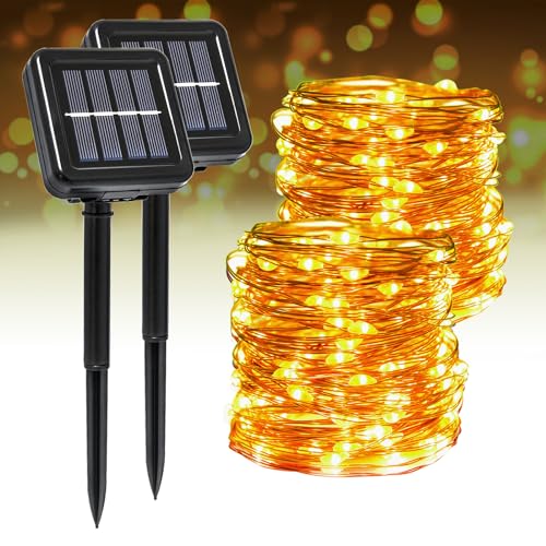 Segotendy Solar Lichterkette Aussen, 2 Stück Gesamtlänge 44M 400LED, IP65 Wetterfest 8 Modi KupferDraht Solarlichterkette Außen Warmweiß für Weihnachtsbeleuchtung Weihnachten Deko Terrasse Balkon von Segotendy