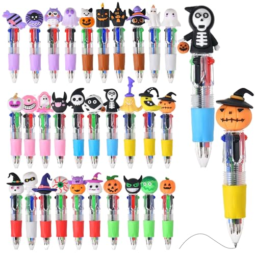 Seguire Halloween-Stifte 30 Einzigartige Designs – 4-in-1-Mehrfarben-Kugelschreiber mit Abnehmbaren Silikonspielzeugen (Geist/Kürbis/Skelett) – 0,7 mm Einziehbare Schulartikel für Kinder (10) von Seguire