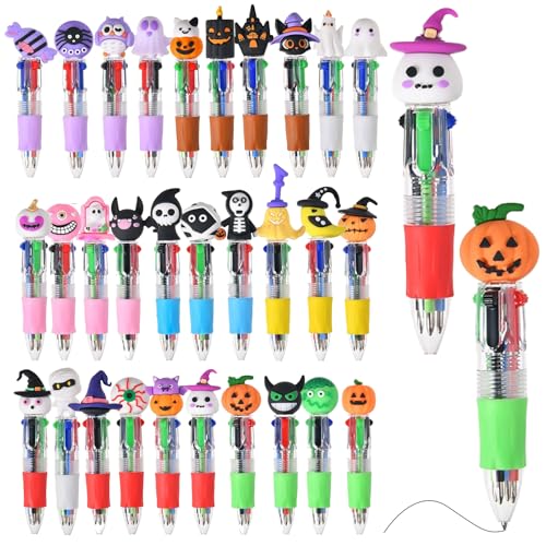 Seguire Halloween-Stifte 30 Einzigartige Designs – 4-in-1-Mehrfarben-Kugelschreiber mit Abnehmbaren Silikonspielzeugen (Geist/Kürbis/Skelett) – 0,7 mm Einziehbare Schulartikel für Kinder (30) von Seguire