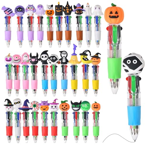 Seguire Halloween-Stifte 30 Einzigartige Designs – 4-in-1-Mehrfarben-Kugelschreiber mit Abnehmbaren Silikonspielzeugen (Geist/Kürbis/Skelett) – 0,7 mm Einziehbare Schulartikel für Kinder (40) von Seguire