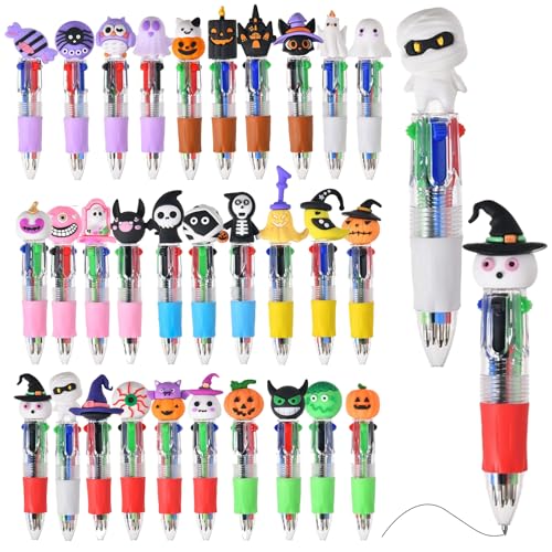 Seguire Halloween-Stifte 30 Einzigartige Designs – 4-in-1-Mehrfarben-Kugelschreiber mit Abnehmbaren Silikonspielzeugen (Geist/Kürbis/Skelett) – 0,7 mm Einziehbare Schulartikel für Kinder (5) von Seguire