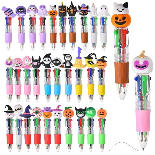 Seguire Halloween-Stifte 30 Einzigartige Designs – 4-in-1-Mehrfarben-Kugelschreiber mit Abnehmbaren Silikonspielzeugen (Geist/Kürbis/Skelett) – 0,7 mm Einziehbare Schulartikel für Kinder (50) von Seguire
