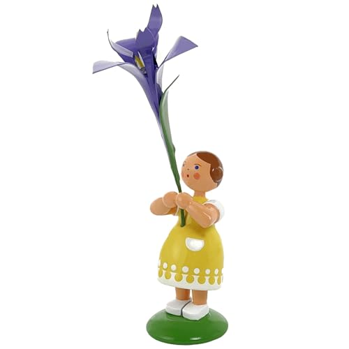 Jan Legler | Sommerblumenmädchen Blumenkinder | Handwerkskunst aus dem Erzgebirge | Holzfigur Frühlingsdeko | 12 cm | mit Iris von Seiffener Volkskunst