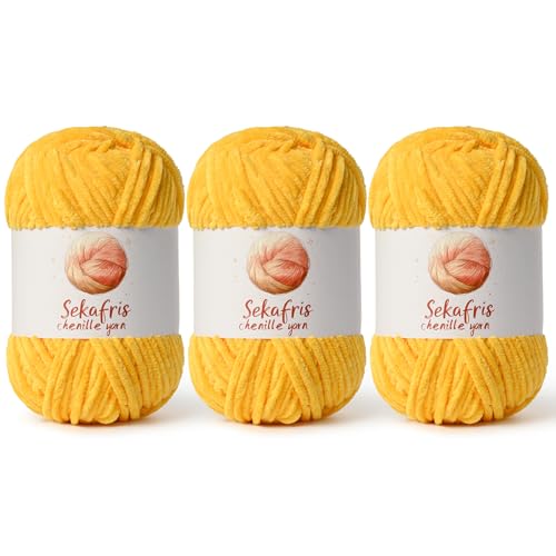 3 Stück goldenes gelbes grobes Chenille-Garn zum Häkeln, sperrige Samtgarne zum Häkeln, Babygarn zum Häkeln, weiche Decke, 400 m/297 g, flauschiges Amigurumi-Häkelgarn 3 Stück goldenes gelbes grobes Chenille-Garn zum Häkeln, sperrige Samtgarne zum Häkeln, Babygarn zum Häkeln, weiche Decke, 400 m/297 g, flauschiges Amigurumi-Häkelgarn von Sekafris