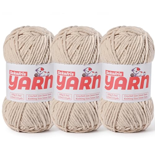 3 Stück grobes Chenille-Garn zum Häkeln, weiches, flauschiges Samtgarn zum Häkeln, flauschige Babydecken-Strickgarne, 300 g, sperrige Amigurumi-Garne (3 Hellkhaki) von Sekafris