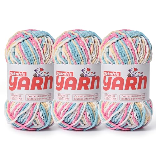 3 Stück grobes Chenille-Garn zum Häkeln, weiches, flauschiges Samtgarn zum Häkeln, flauschiges Babydecken-Strickgarn, 300 g, sperrige Amigurumi-Garne (3 Bonbonfarben) von Sekafris