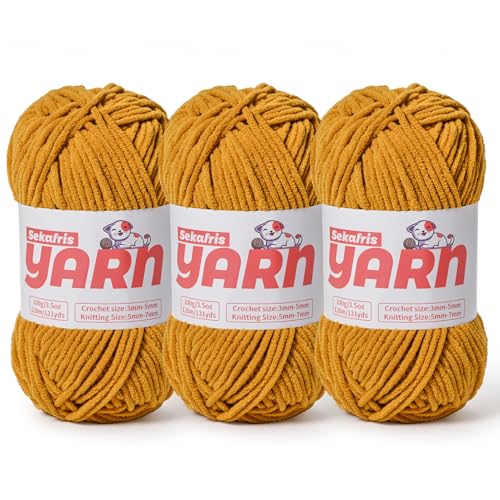 3 Stück grobes Chenille-Garn zum Häkeln, weiches, flauschiges Samtgarn zum Häkeln, flauschiges Babydecken-Strickgarn, 300 g, sperrige Amigurumi-Garne (3 Ingwerfarben) von Sekafris