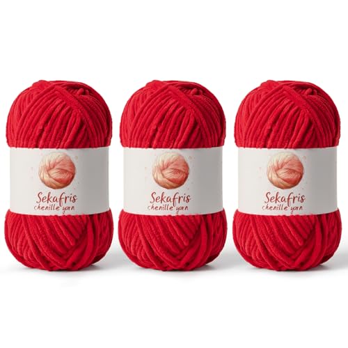 3 Stück rotes grobes Chenille-Garn zum Häkeln, sperrige Samtgarne zum Häkeln, Babygarn zum Häkeln, weiche Decke, 400 m/297 g, flauschiges Amigurumi-Häkelgarn 3 Stück rotes grobes Chenille-Garn zum Häkeln, sperrige Samtgarne zum Häkeln, Babygarn zum Häkeln, weiche Decke, 400 m/297 g, flauschiges Amigurumi-Häkelgarn von Sekafris