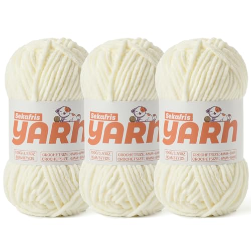 3 Stück weißes, grobes Chenille-Garn zum Häkeln, Babygarn zum Häkeln, weiche Decke/Amigurumi, 300 g, super sperrig, flauschig, samtig, Strickgarn, Häkelgarn von Sekafris